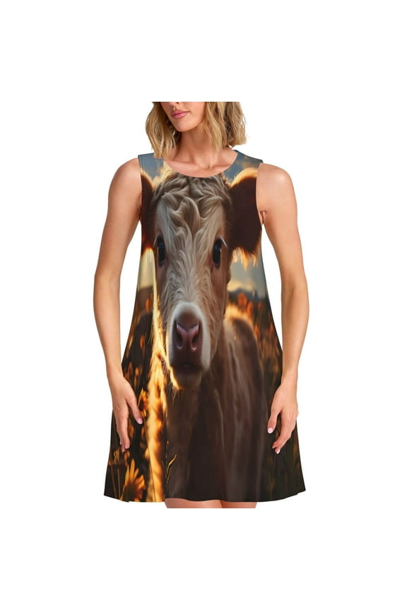 Sunset Sunflower Small Cow Print Women’s Sleeveless Midi Swing Dress – A-Line Pleated Tank Sundress, Comfortable and Flowy T-Shirt Dress