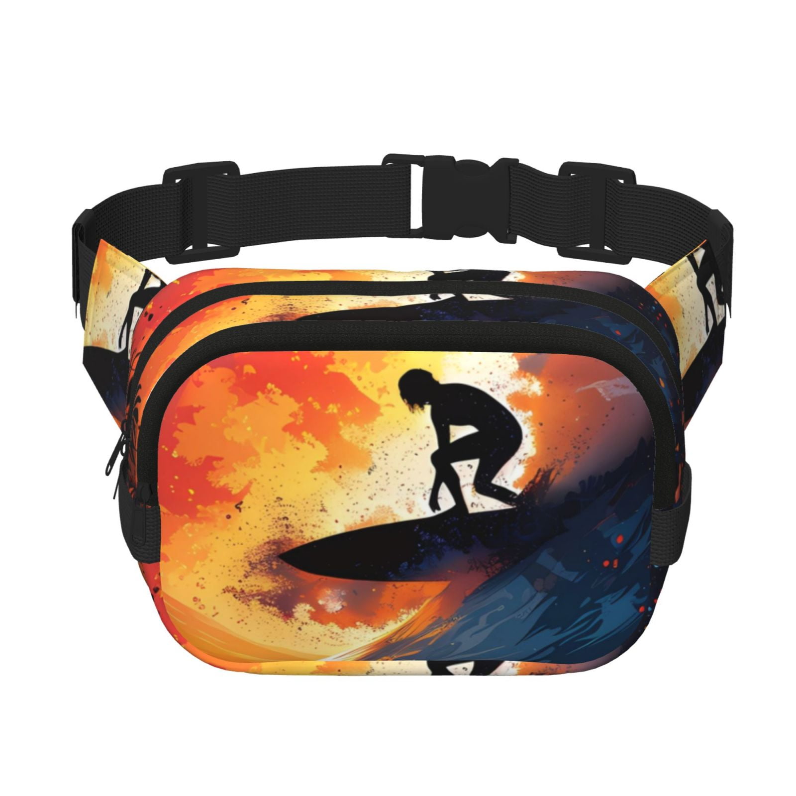 Picia Sunset Surfing Silhouette Print Square Double-Layer Waist Bag Mini Adjustable Waist Belt Bag Exercise Running Travel Hiking