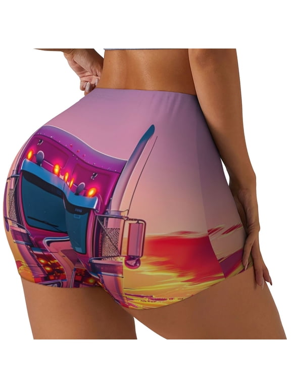 Sunset Truck Highway Printed Workout Shorts for Women Seamless Scrunch Butt Lifting High Waisted Yoga Gym Booty Running Moisture-wicking Short Pants-Small