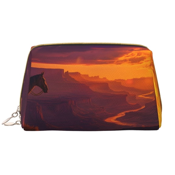 Picia Sunset Valley Western Cowboy Print Leather Makeup Bag Make Up Bag Travel Toiletry Bag for Her Girlfriend Teacher Teen Girl Gifts