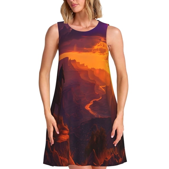 Picia Sunset Valley Western Cowboy Print Women’s Sleeveless Midi Swing Dress – A-Line Pleated Tank Sundress, Comfortable and Flowy T-Shirt Dress