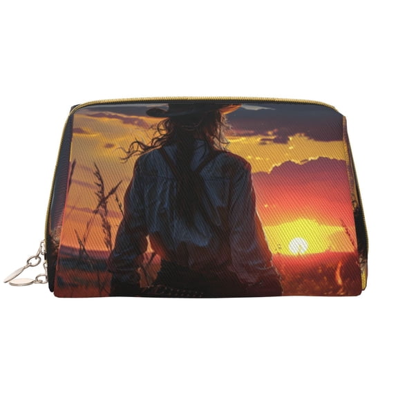 Picia Sunset Western Cowgirl Print Leather Makeup Bag Make Up Bag Travel Toiletry Bag for Her Girlfriend Teacher Teen Girl Gifts