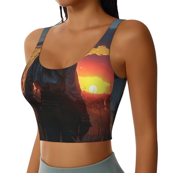 Picia Sunset Western Cowgirl Sports Bra for Women,Padded Strappy Sports Bras Medium Support Yoga Bra with Removable Cups,Running Yoga Bra-Large