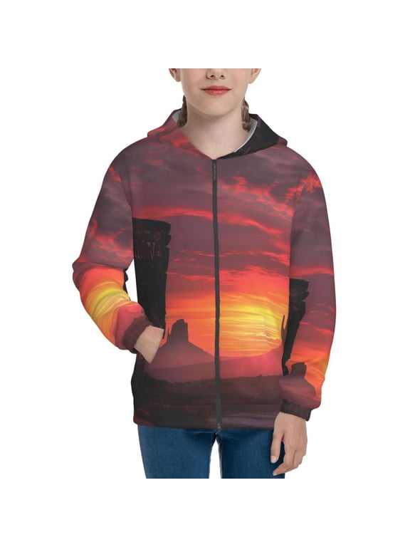Sunset Western Desert Cowboy for Boys Fashion Full-zip Hoodies & Sweatshirts with Kangaroo Pocket,Zip-up Hooded Sweatshirt for Kid, Moisture Wicking & Breathable-Medium