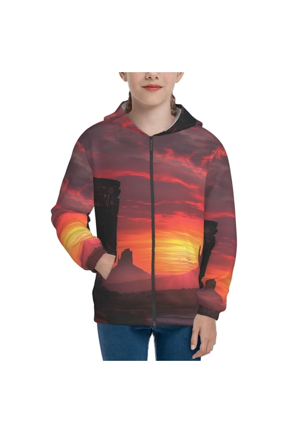Sunset Western Desert Cowboy for Boys Fashion Full-zip Hoodies & Sweatshirts with Kangaroo Pocket,Zip-up Hooded Sweatshirt for Kid, Moisture Wicking & Breathable-Small