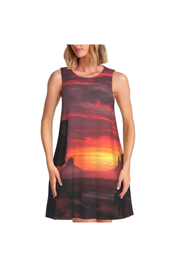 Sunset Western Desert Cowboy Print Women’s Sleeveless Midi Swing Dress – A-Line Pleated Tank Sundress, Comfortable and Flowy T-Shirt Dress