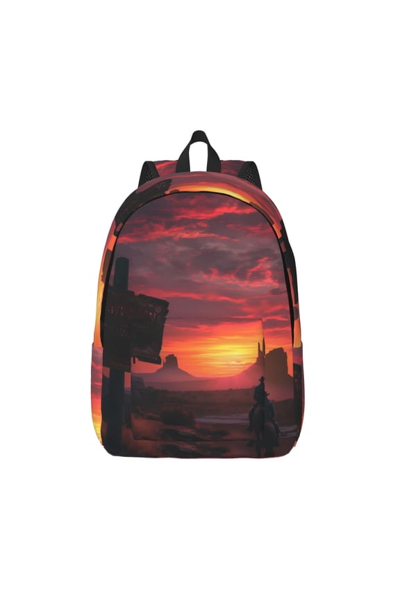 Sunset Western Desert Cowboy Printed Canvas Daypack - Stylish and Durable Vintage Compact Backpack - Class, Work, Travel, or Laptop Bookbag,Organized Compartments-Medium