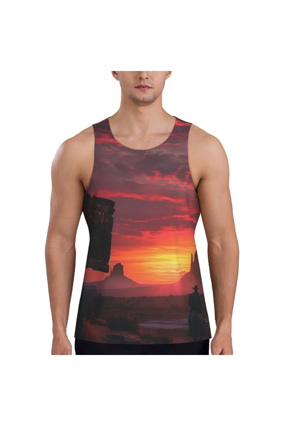 Sunset Western Desert Cowboy Printed Men’s Performance Tank, Men's Workout Tank Top Moisture-Wicking Tank Top Muscle tee, Breathable Workout Shirt-3X-Large