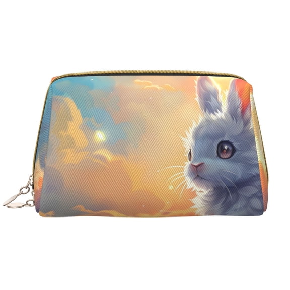 Picia Sunshine Colorful Cloud Rabbit Print Leather Makeup Bag Make Up Bag Travel Toiletry Bag for Her Girlfriend Teacher Teen Girl Gifts