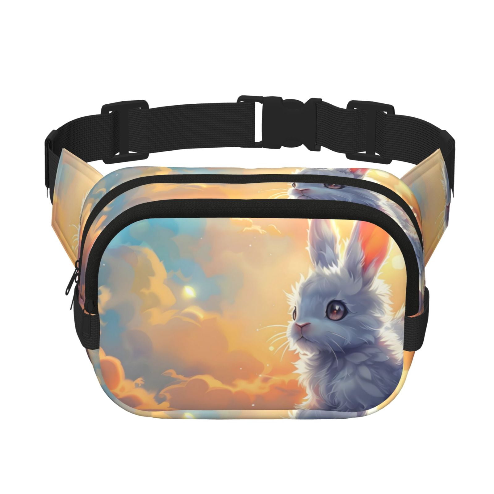Picia Sunshine Colorful Cloud Rabbit Print Square Double-Layer Waist Bag Mini Adjustable Waist Belt Bag Exercise Running Travel Hiking