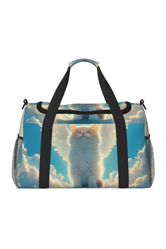 Sunshine Cute Winged Cat Print Travel Duffle Bag,Weekender Bags for Women with Shoe Compartment, Gym Duffel Bag with Wet Pocket, Hospital Bags for Labor and Delivery