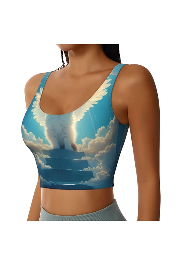Sunshine Cute Winged Cat Sports Bra for Women,Padded Strappy Sports Bras Medium Support Yoga Bra with Removable Cups,Running Yoga Bra-Large