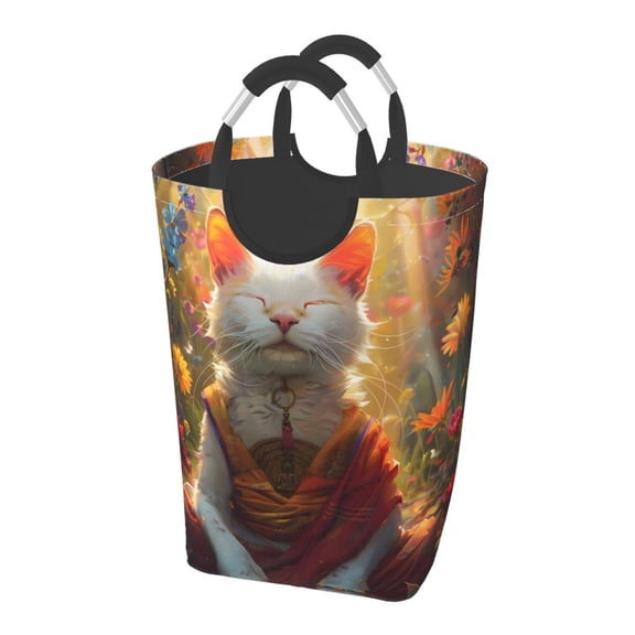 Picia Sunshine Flower Meditating Cat Laundry Basket With Handles Laundry Hamper Toys Storage Organizer Foldable Bucket Washing Bin Dirty Clothes Bag For Home Bathroom Bedroom Dorm