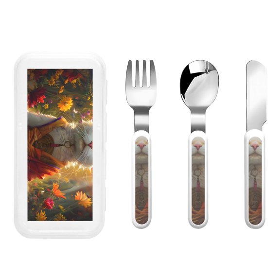 Picia Sunshine Flower Meditating Cat Print Children's Knife, Fork And Spoon Set - Kids Knife Fork Spoon - Stainless Steel Kids Silverware Set - Metal Kids Cutlery Set