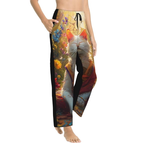 Picia Sunshine Flower Meditating Cat Womens Soft Woven Cotton Elastic Waistband Sleep Pajama Pant Lounge Sleep Pant With Pockets And Drawstring-X-Large