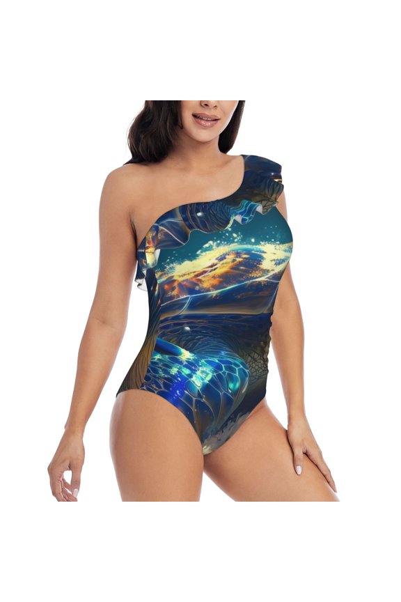 Sunshine Underwater Sand Turtle Pattern Women's One Piece Swimsuits,One Shoulder Swimwear Asymmetric ,Ruffle Monokinis Bathing Suits,High Waisted Flattering Bathing Suits-Small