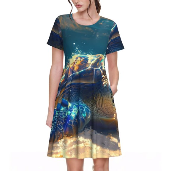 Picia Sunshine Underwater Sand Turtle Pattern Women's Short Sleeve Summer Dress Pleated Loose Swing Knee Length Short Sleeve Swing Dresses