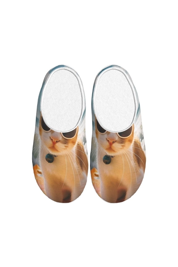 Surfing Cat Sun for Women's Lamb-hug Comfy Fleece House Slippers Memory Foam, Slip-on House Shoes Indoor Outdoor-35/36