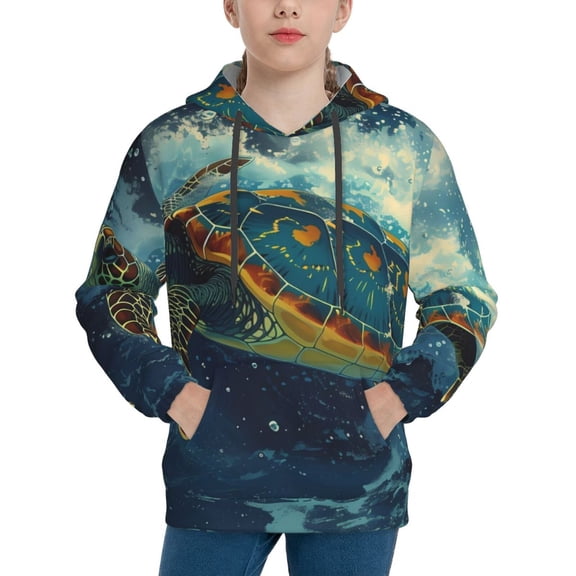 Picia Surfing Turtle Pattern Youth Hoodie - Warm Pullover Sweatshirt with Kangaroo Pocket, Ideal for Boys and Girls-Small
