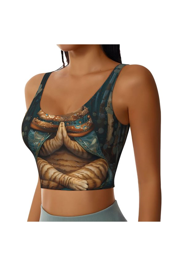 Surreal Meditating Cat Sports Bra for Women,Padded Strappy Sports Bras Medium Support Yoga Bra with Removable Cups,Running Yoga Bra-Medium