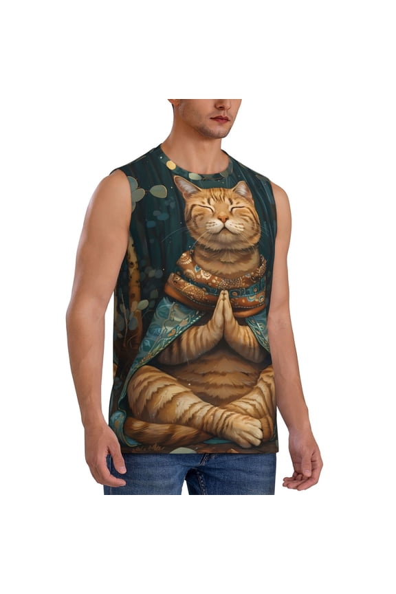 Surreal Meditating Cat mens Cotton Tank Undershirts , Moisture-wicking Ribbed Tanks, Lightweight Cotton Tank Undershirts-Large