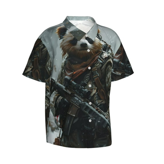 Picia Surreal Panda Warrior Gentle Cotton Regular Fit Short Sleeve Casual Hawaiian Shirt for Men-Medium