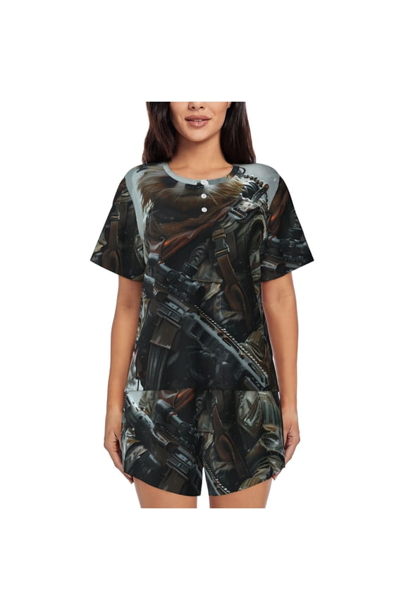 Surreal Panda Warrior Pajamas Sets for Women Soft Short-Sleeved Pjs with Lounge Shorts Two Piece Sleepwear-Large