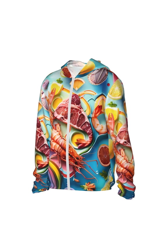 Surreal Seafood Extravaganza Women's Men's UPF 50+ Sun Protection Hoodie Shirt Long Sleeve SPF Fishing Outdoor UV Hiking Lightweight Shirts-Medium