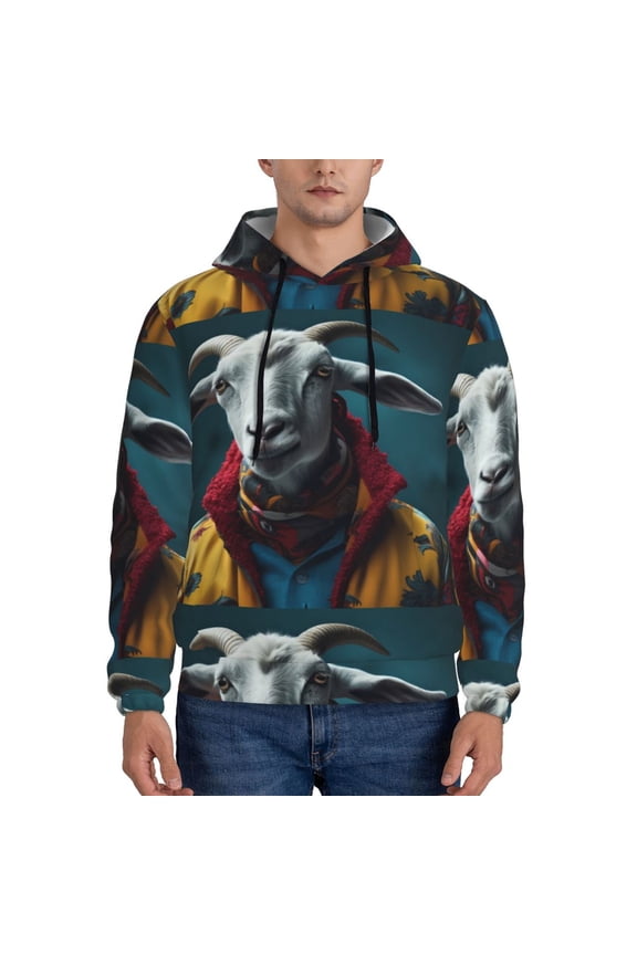 Surrealist Goat Pattern Casual Men's Hoodie - Lightweight Hooded Sweatshirt with Kangaroo Pocket, Comfortable Pullover for Everyday, Travel-Medium