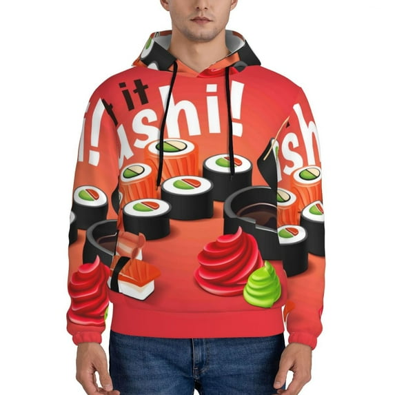 Picia Sushi Pattern Casual Men's Hoodie - Lightweight Hooded Sweatshirt with Kangaroo Pocket, Comfortable Pullover for Everyday, Travel-Large