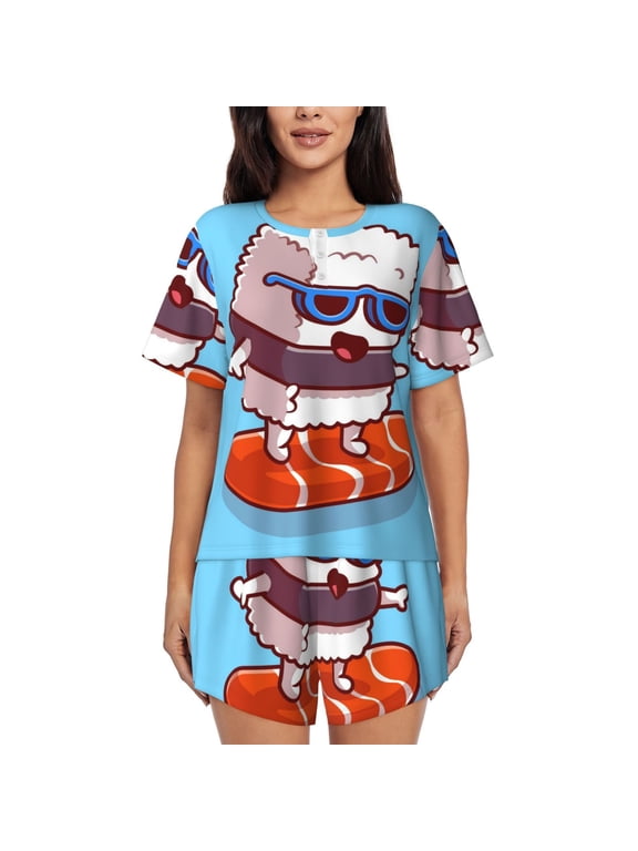 Sushi Salmon Surfing Pajamas Sets for Women Soft Short-Sleeved Pjs with Lounge Shorts Two Piece Sleepwear-Large