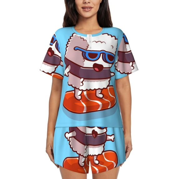 Picia Sushi Salmon Surfing Pajamas Sets for Women Soft Short-Sleeved Pjs with Lounge Shorts Two Piece Sleepwear-Small