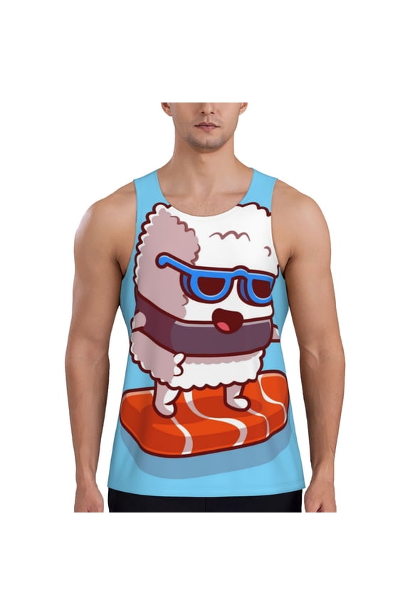 Sushi Salmon Surfing Printed Men’s Performance Tank, Men's Workout Tank Top Moisture-Wicking Tank Top Muscle tee, Breathable Workout Shirt-XX-Large