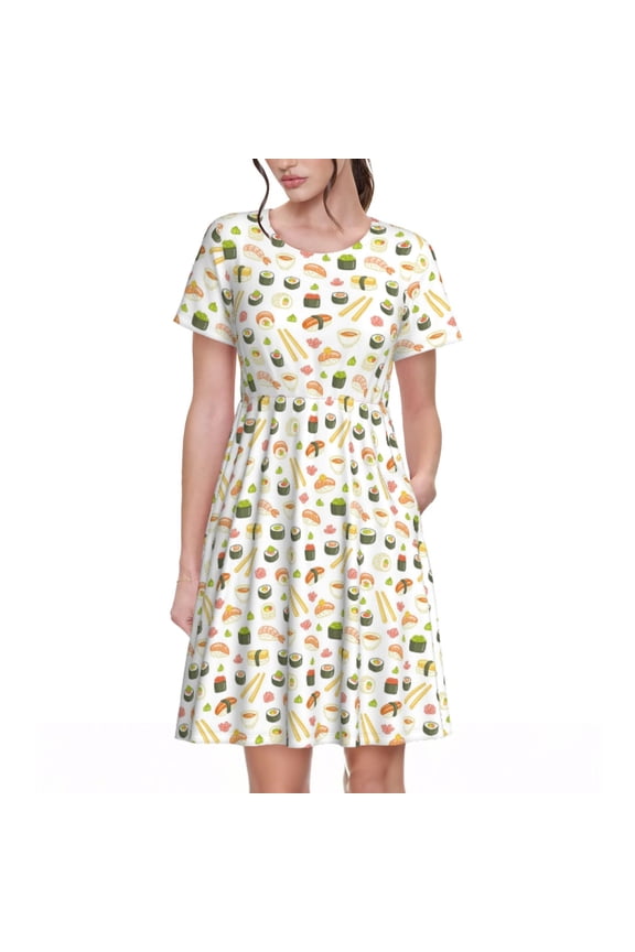 Sushi and Rolls Pattern Women's Short Sleeve Summer Dress Pleated Loose Swing Knee Length Short Sleeve Swing Dresses