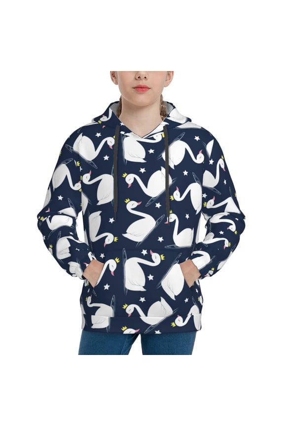 Swan Pattern Youth Hoodie - Warm Pullover Sweatshirt with Kangaroo Pocket, Ideal for Boys and Girls-X-Large