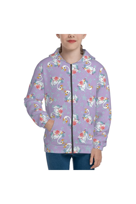 Swan With Stars for Boys Fashion Full-zip Hoodies & Sweatshirts with Kangaroo Pocket,Zip-up Hooded Sweatshirt for Kid, Moisture Wicking & Breathable-Medium