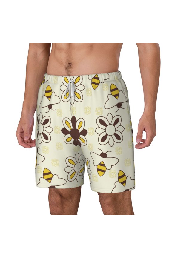 Sweet Bee pattern Mens Swim Trunks with Compression Liner Stretch Beach Shorts Quick Dry with Zipper Pockets No-Chafing Board Shorts-Small