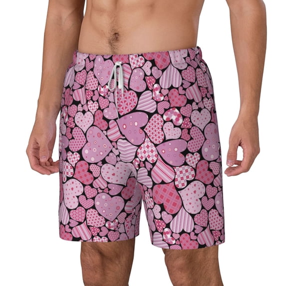 Picia Sweet Heart pattern Mens Swim Trunks with Compression Liner Stretch Beach Shorts Quick Dry with Zipper Pockets No-Chafing Board Shorts-Small