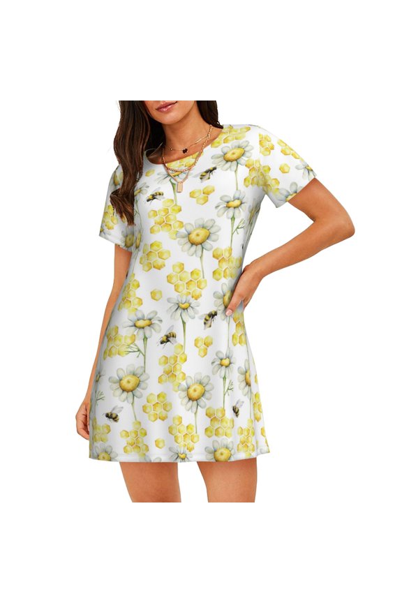 Sweet Honey Pattern Women’s Nightdress – Casual Short-sleeved Loose-Fit Sleepwear, Soft Cotton Short-Sleeve Sleep Shirt for Relaxation & Comfort
