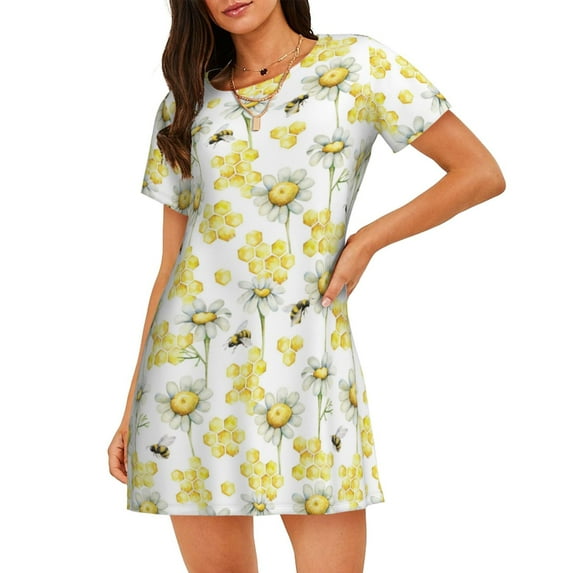 Picia Sweet Honey Pattern Women’s Nightdress – Casual Short-sleeved Loose-Fit Sleepwear, Soft Cotton Short-Sleeve Sleep Shirt for Relaxation & Comfort