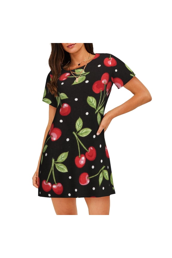 Sweet Red Cherry Pattern Women’s Nightdress – Casual Short-sleeved Loose-Fit Sleepwear, Soft Cotton Short-Sleeve Sleep Shirt for Relaxation & Comfort