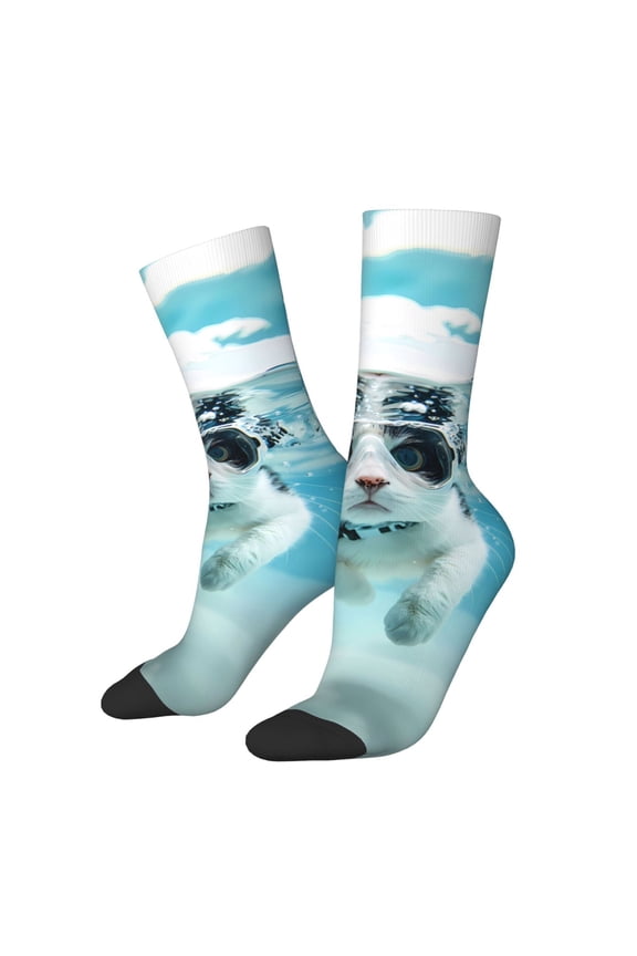 Swimming Cat Goggles Print Athletic Socks for Men & Women – Cushioned Moisture-Wicking Crew Socks for Sports, Running, and Training, Soft & Breathable Size 5-11