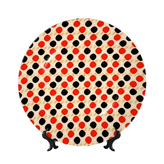 Picia Table Tennis Rackets Pattern Bone China Decorative Plate – Wall Decor with Stand and Adhesive, Elegant Ornament for Living Room, Office, or Entryway-7in
