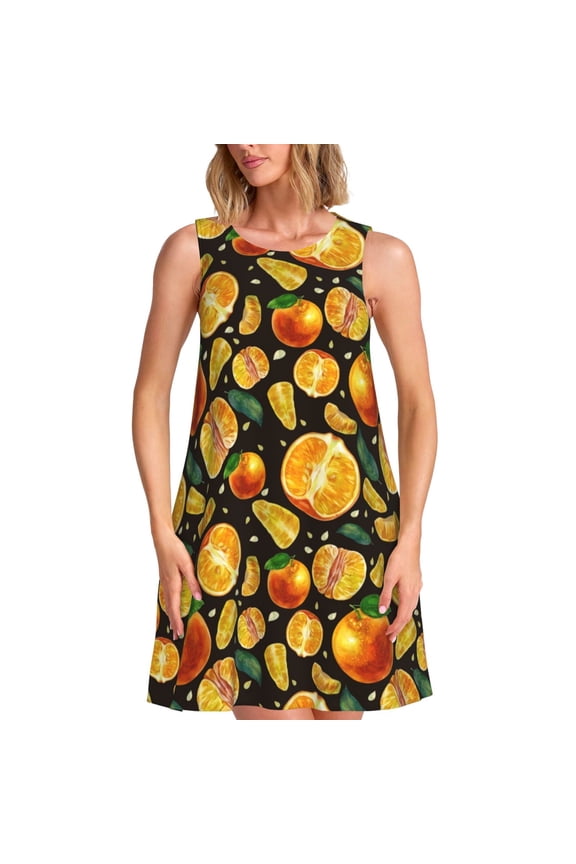 Tangerine Print Women’s Sleeveless Midi Swing Dress – A-Line Pleated Tank Sundress, Comfortable and Flowy T-Shirt Dress