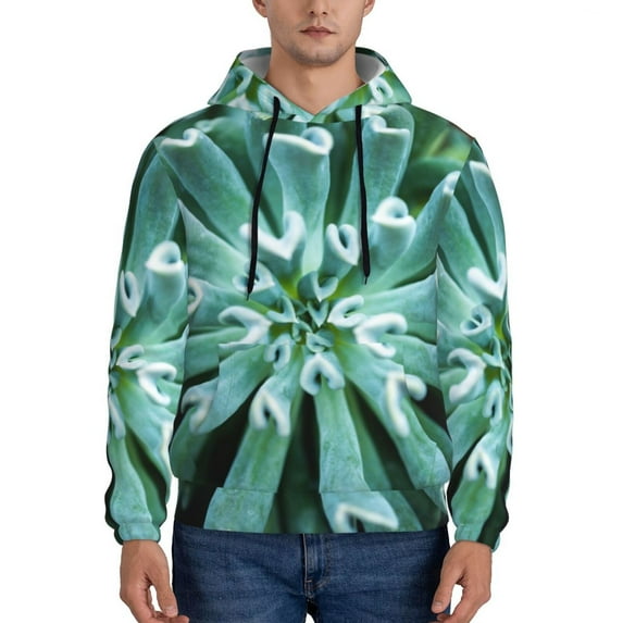 Picia Teal Cactus Pattern Casual Men's Hoodie - Lightweight Hooded Sweatshirt with Kangaroo Pocket, Comfortable Pullover for Everyday, Travel-Small