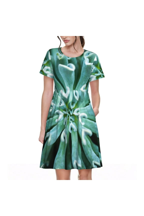 Teal Cactus Pattern Women's Short Sleeve Summer Dress Pleated Loose Swing Knee Length Short Sleeve Swing Dresses