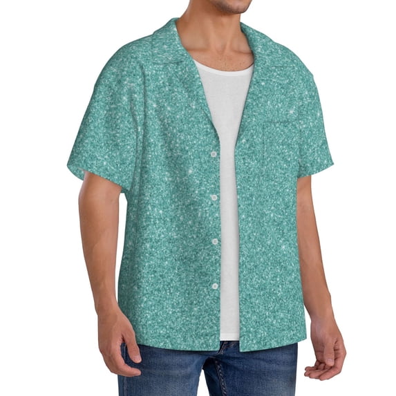 Picia Teal Green Glitter Men's Linen Shirts Short Sleeve Cuban Beach Shirts Casual Shirts Button Down Shirt for Men Beach Summer Wedding Shirt-X-Large