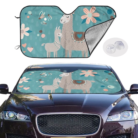 Picia Teal Mama Llama Curved Windshield Sunshade Accordion Folding Style Auto Shade for Car Truck SUV Van Blocks UV Ray Sun Visor Protector -Medium