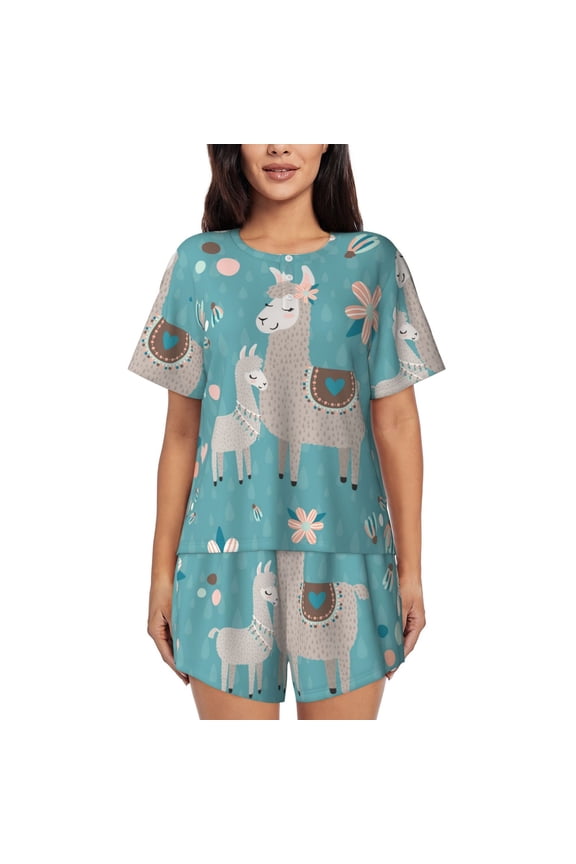 Teal Mama Llama Pajamas Sets for Women Soft Short-Sleeved Pjs with Lounge Shorts Two Piece Sleepwear-Small