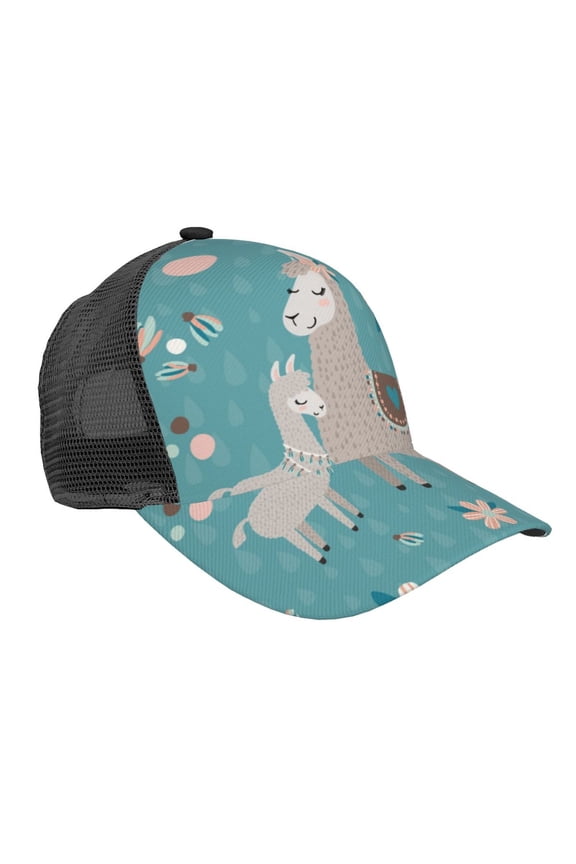 Teal Mama Llama Pattern Trucker Hat,Baseball Cap,Sun Protection Cap,Stylish Headwear,Leisure Cap,Outdoor Sports Cap